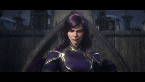 a woman with purple hair is standing in front of a wooden building