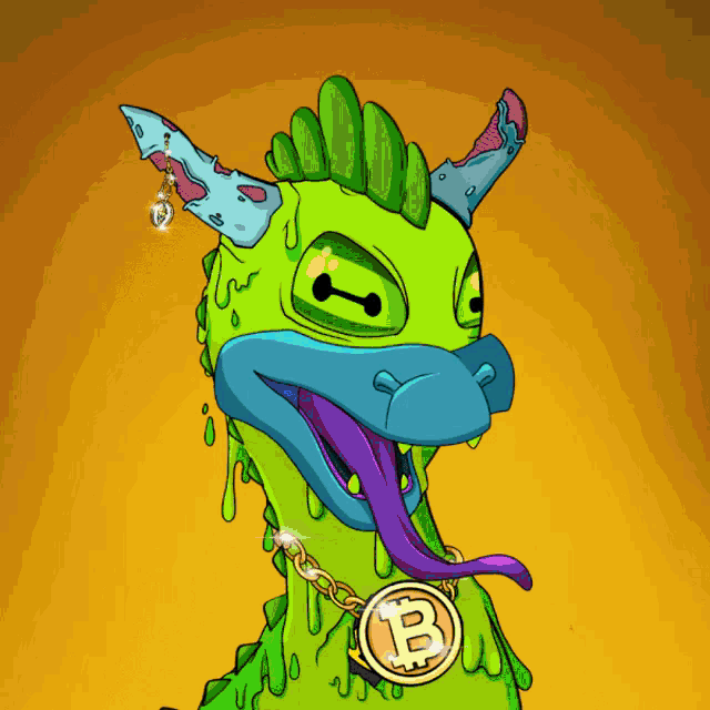 a green monster with a purple tongue and a gold coin with the letter b on it 's neck