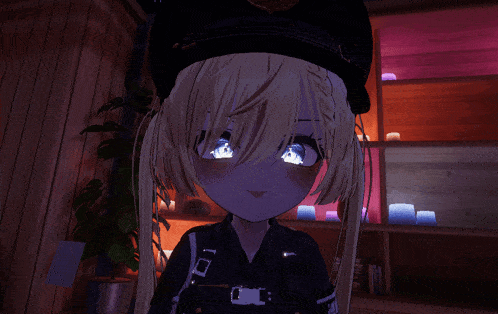 a girl with blonde hair wearing a police uniform and a hat with the letter l on it