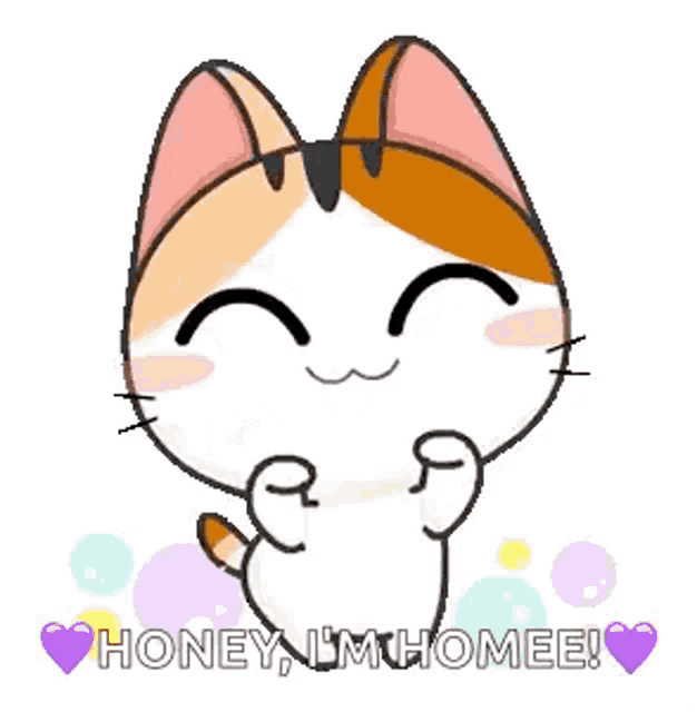 a calico cat is holding its paws up in the air and says `` honey , i 'm home ! ''
