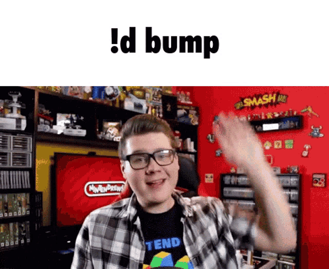 a man wearing glasses and a plaid shirt that says tend