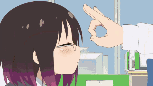 a cartoon girl with purple hair and glasses is being pointed at by a hand