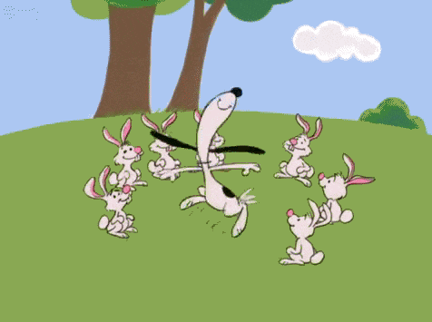 a cartoon of snoopy surrounded by rabbits on a grassy hill