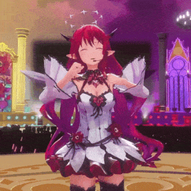 a girl with red hair and a white dress is standing in front of a purple building