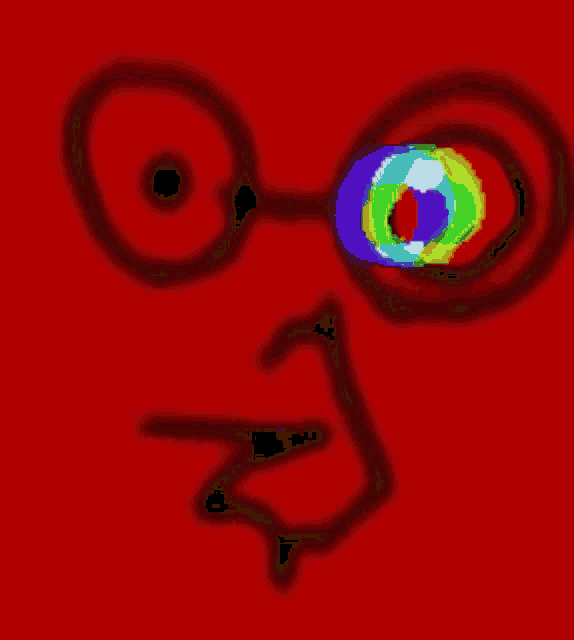 a red background with a drawing of a face with glasses