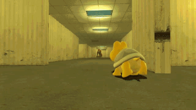 a cartoon character with big eyes is walking down a hallway in a video game .