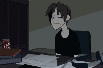 a cartoon of a person sitting at a desk with a can of diet coke in the foreground