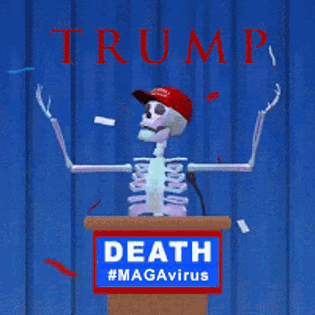 a cartoon of a skeleton standing at a podium with a sign that says death #magavirus