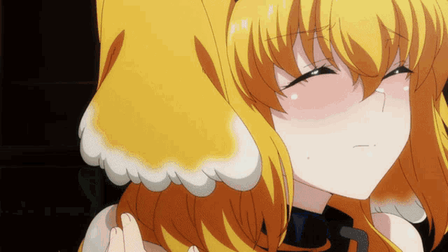 a close up of a girl 's face with a yellow hair