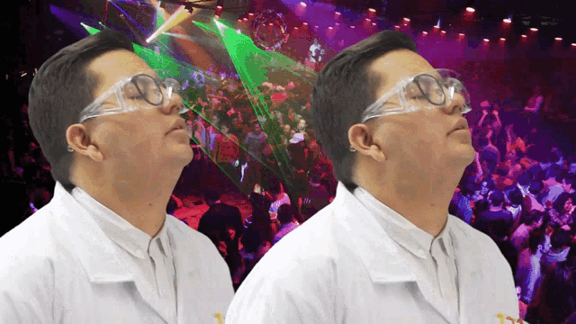 two men wearing lab coats and goggles are looking up at a crowd of people