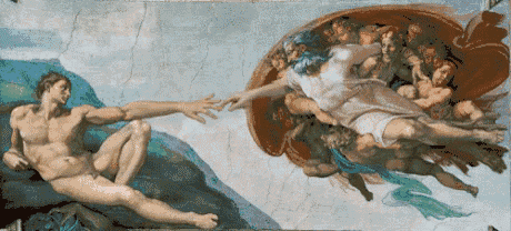 a painting of a man and woman reaching out to each other