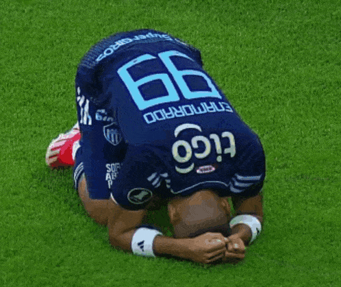 a soccer player wearing a blue jersey with the word aguila on it is standing on a soccer field .