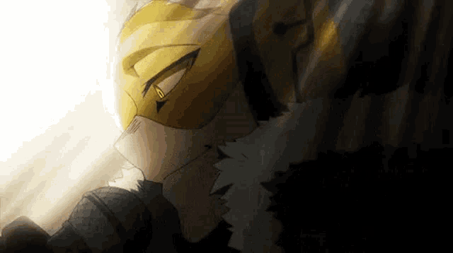hawks from my hero academia is wearing a yellow mask and a black jacket .