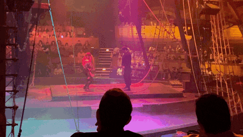 a man stands on a stage in front of a crowd watching a circus act