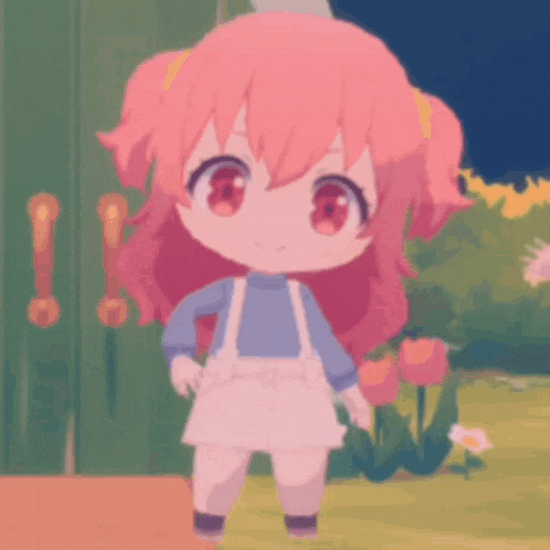 a cartoon girl with pink hair is standing in front of a blue wall