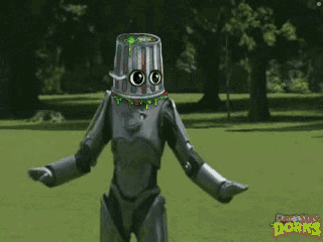 a robot with a bucket on its head and the words dungeons and dorks in the background