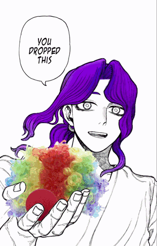 a drawing of a man with blue hair holding a clown wig that says " you dropped this "