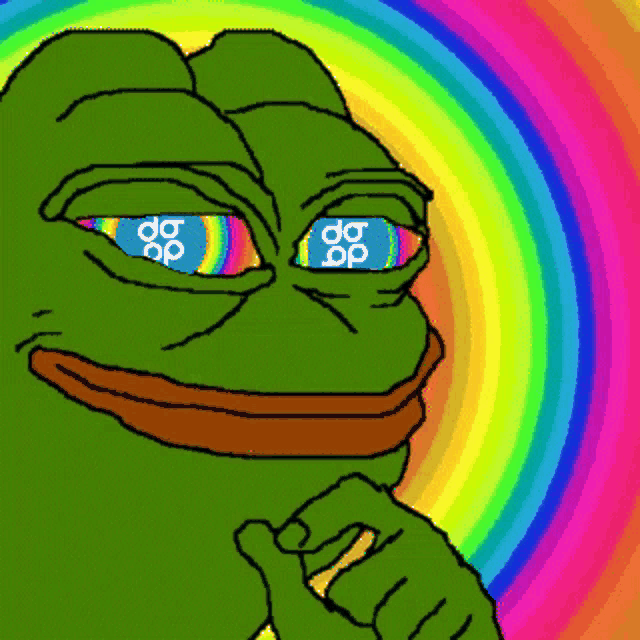 a cartoon of a frog with a rainbow in his eyes that says do op