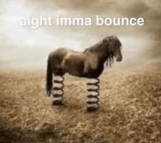a horse is standing on springs in a field with a caption that says `` aight imma bounce '' .