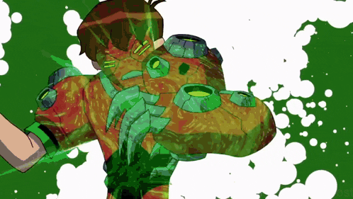 a cartoon drawing of a person with a green and orange colored costume