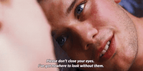 a close up of a man 's face with the words " please don 't close your eyes "