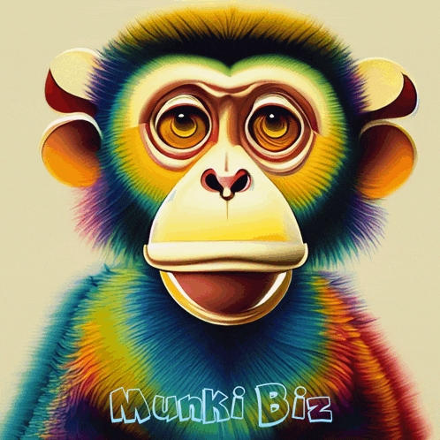 a colorful monkey with the words monki biz written on it