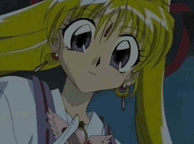 a blonde anime girl with purple eyes holds her finger to her lips