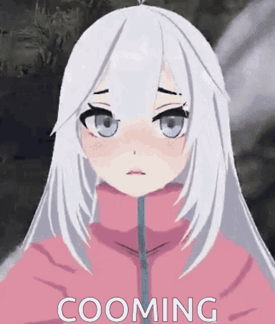 a girl with white hair and blue eyes is wearing a pink jacket and has the word cooming on her face