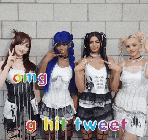 a group of girls standing in front of a brick wall with the words " omg a hit tweet " above them