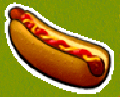 a pixel art hot dog with ketchup and mustard on a green background