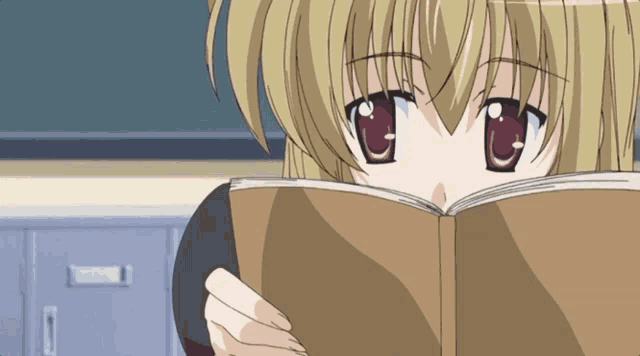 a girl with blonde hair is reading a book with red eyes