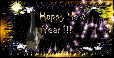 a new year greeting with a bottle of champagne and a glass