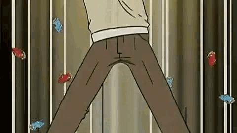 a cartoon of a man standing in front of a curtain with a bunch of candy hanging from it .