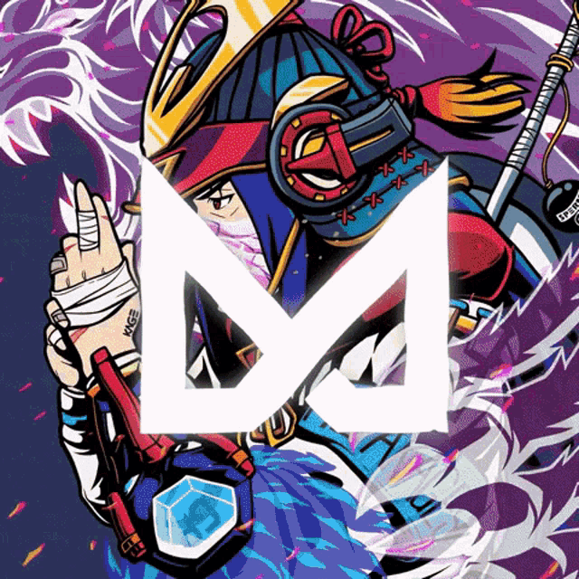 a colorful illustration of a samurai holding a sword with the letter m above it