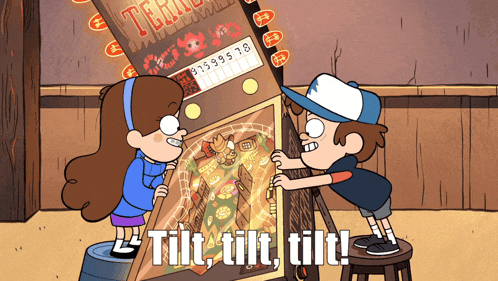 two cartoon characters are playing a pinball machine and the words tilt tilt tilt