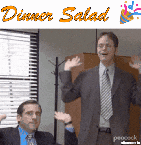 two men in suits and ties are waving their hands in front of a sign that says dinner salad