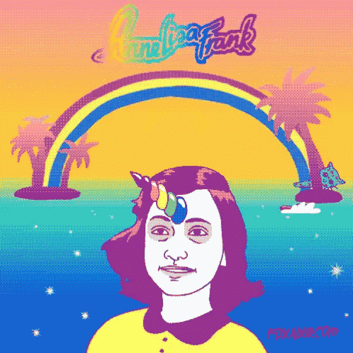 a pixel art drawing of a girl with a unicorn on her forehead and the words paul frank on the bottom