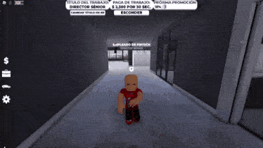 a boy in a red shirt is standing in a hallway with a sign that says empleo de fintech