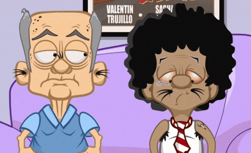 two cartoon characters are sitting in front of a poster that says " valentin trujillo "