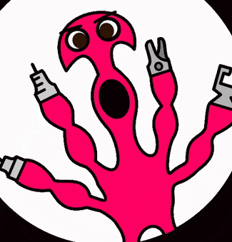 a cartoon drawing of a pink monster holding scissors and a pen