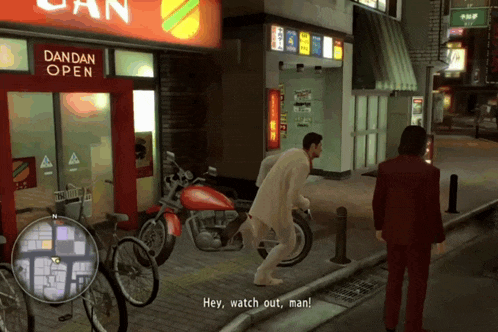 a man in a video game says hey watch out man in front of a dandan open restaurant