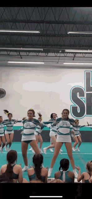a group of cheerleaders are performing in front of a sign that says ' sharks ' on it