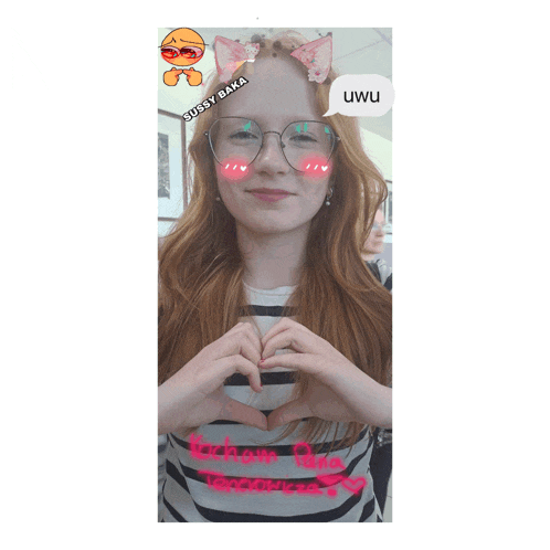 a girl wearing glasses has a speech bubble that says uwu on it