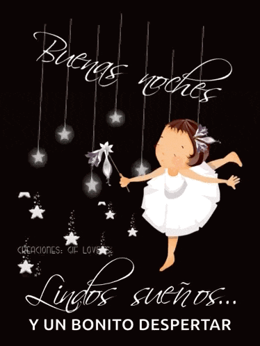 a girl in a white dress is holding a wand and says buenas noches lindos suenos