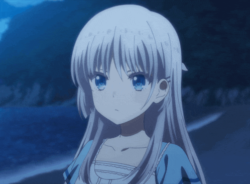 a girl with long white hair and blue eyes looks at the camera