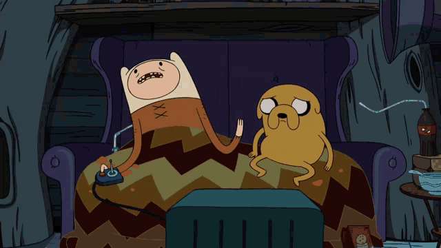 two cartoon characters are sitting on a couch with a remote control