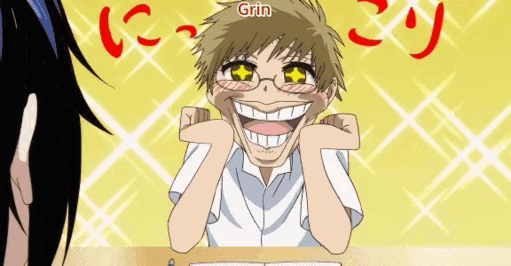 a cartoon character with grin written on the top
