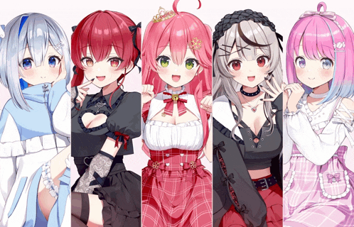 a group of anime girls are posing for a picture together
