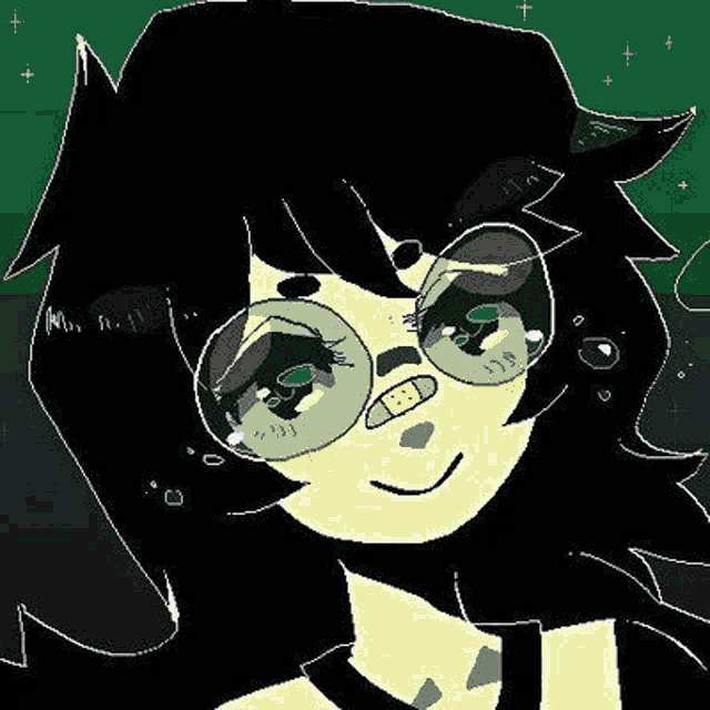a cartoon girl with black hair and green glasses is smiling .