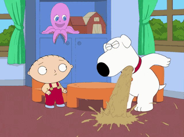 a cartoon of stewie and brian with brian throwing up